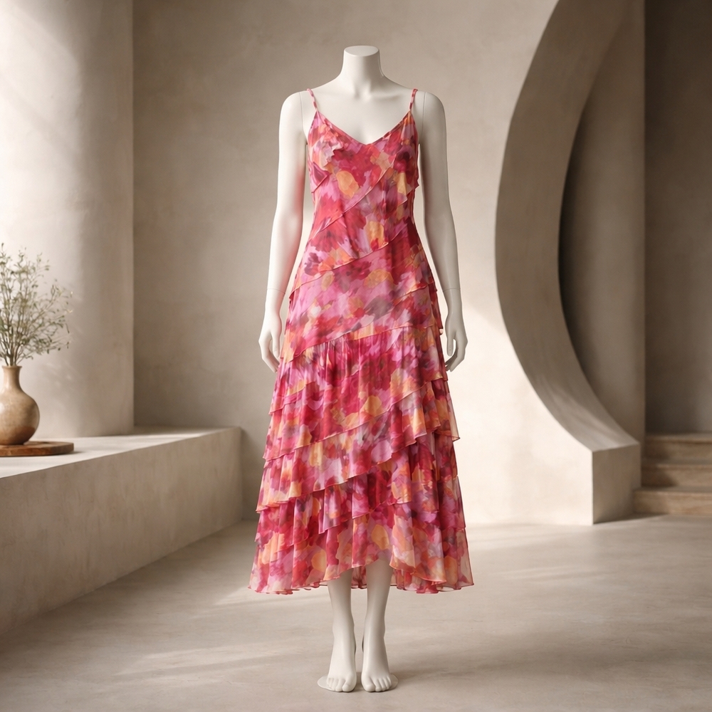 Floral Ruffle Midi Dress - Pink and Orange